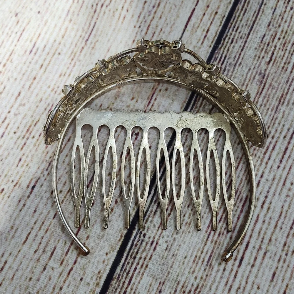 Vintage Light Gold 925 Marked Mini Tiara Rhinestone Comb